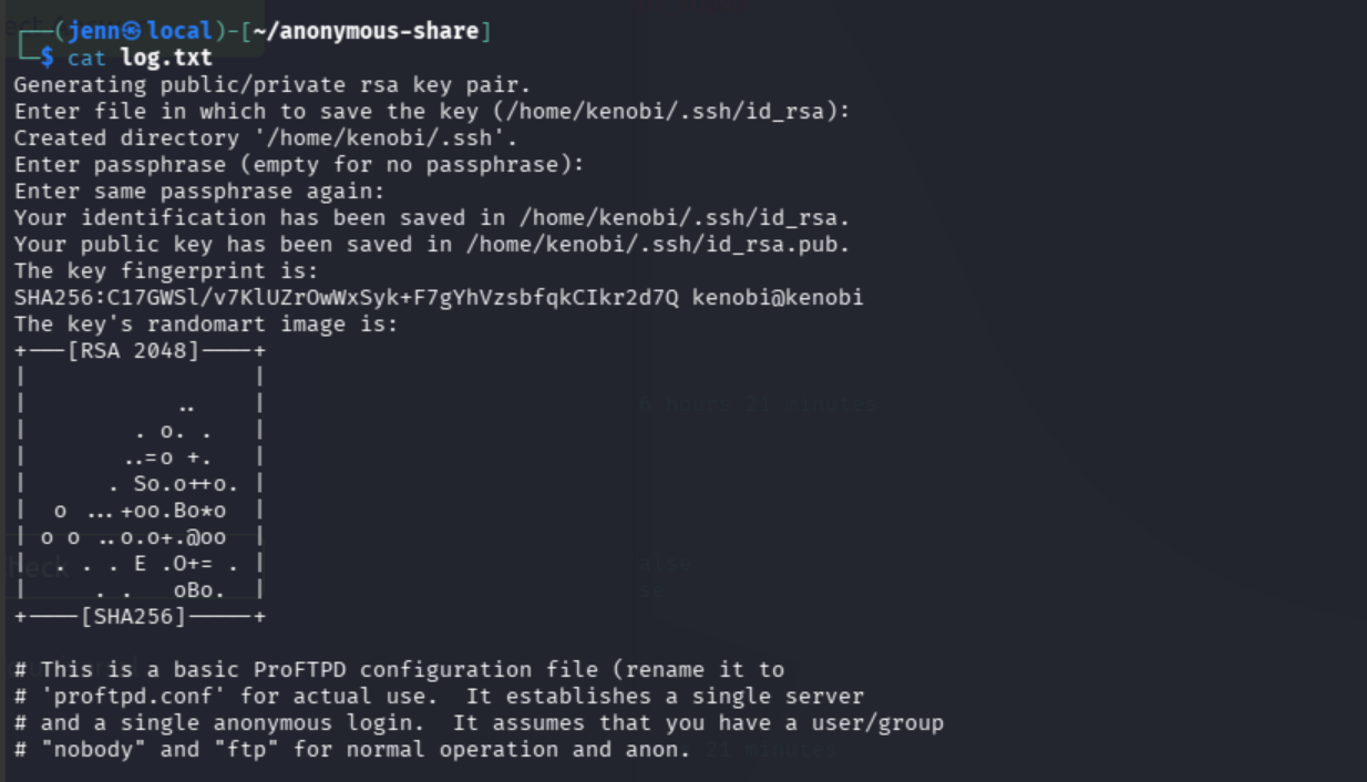 log.txt contents revealing user kenobi, ProFTPd on 21, and SSH key path